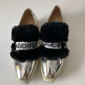 Karl Lagerfeld faux fur silver shoes